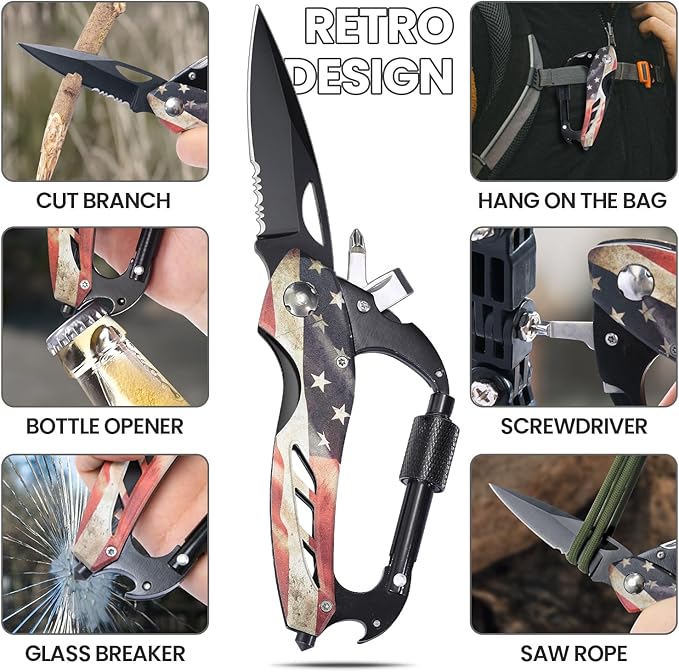 Multitool Carabiner Knife Tools for Men, Cool Gadgets Survival Gear with Folding Knives, Bottle Opener, Window Breaker and Screwdriver for Hiking Camping, 7-in-1 EDC Multi Tool (USA Flag)