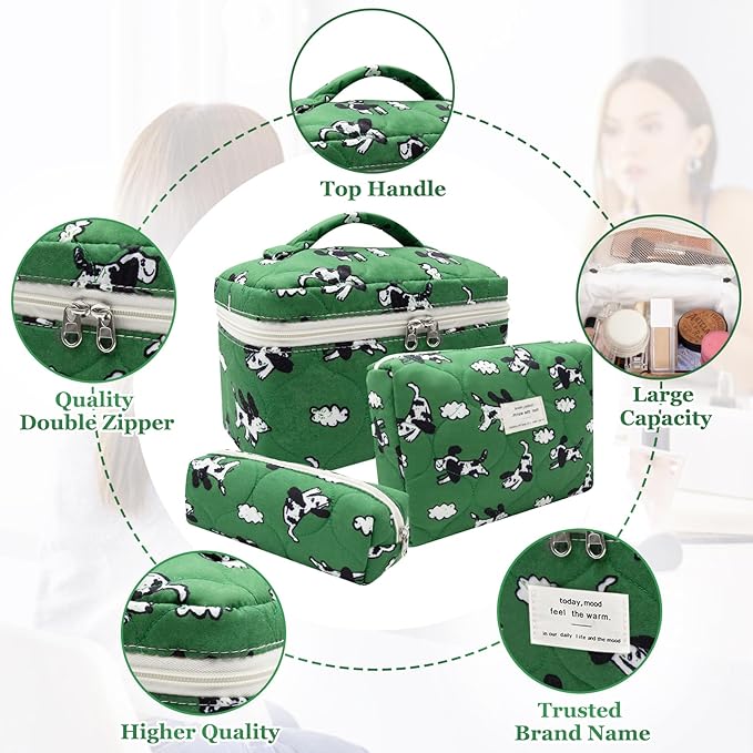 3pc Makeup Bag Set, Quilted Makeup Bag Set, Large Floral Cosmetic Bag for Women, Cute Cotton Makeup Bags, Flower Travel Toiletry Organizer Bag(Green Dog Print)