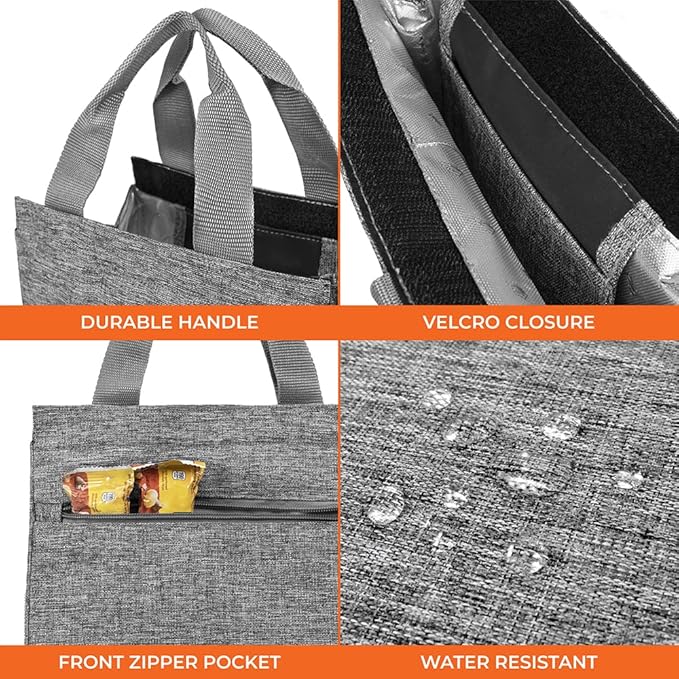 opux Lunch Bag for Women, Insulated Lunch Box Tote for Girls Kids Adult School Work, Reusable Womens Lunch Tote for Office Travel, Cute Small Lunch Tote, Fits 12 Cans - Heather Gray