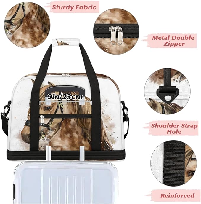 Horse Head Foldable Travel Duffel Bag, Expandable Sports Gym Bag with Shoes Compartment Weekender Overnight Totes Bags for Women Men
