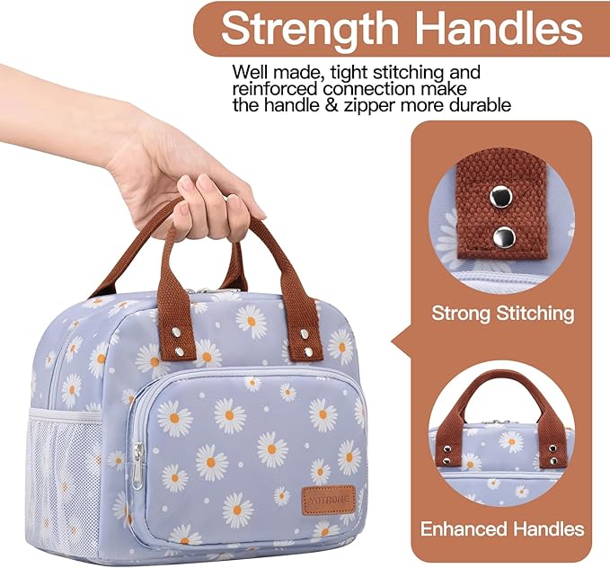 Lunch Bag Women,Insulated Lunch Box Lunch Bag for Women Men Work Adult Cute Small Lunch Tote Bag, Large Capacity Reusable Cooler Containers for Travel Picnic Office or Beach(Blue Daisy)