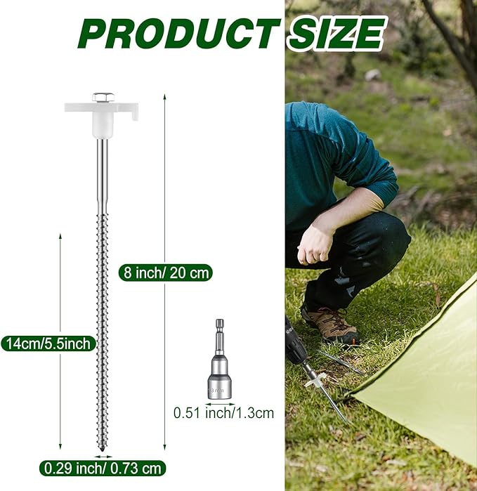 Tandefio 10 Pcs 8 Inch Screw in Tent Stakes Heavy Duty Drill in Ground Anchor Pegs Metal Stakes Screws Hex Pegs Drillable Camping Threaded Tent Spike with Hex Head Driver (Illuminant White)