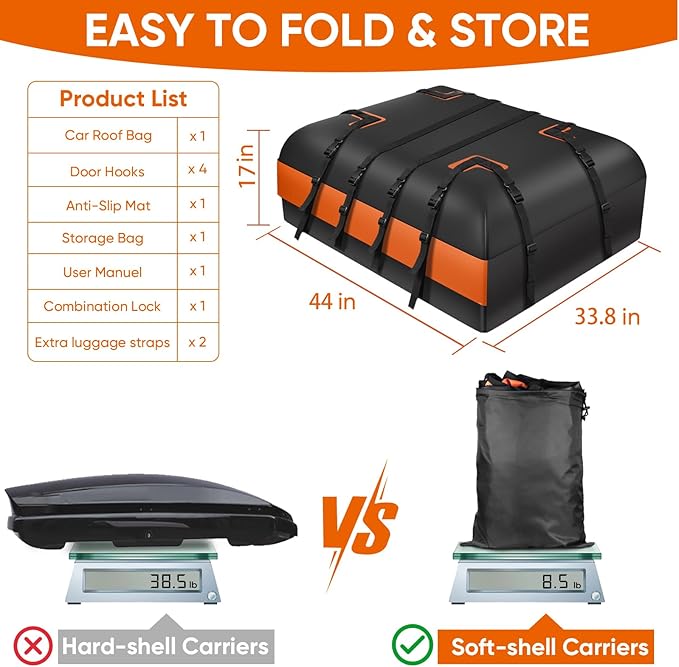 Car Rooftop Waterproof Bag,15 Cubic Feet Large Capacity Rainproof and Snowproof Cargo Transportation Roof Cargo Bag for All Vehicle with/Without Racks-Anti-Slip Mat,10 Straps,Luggage Lock