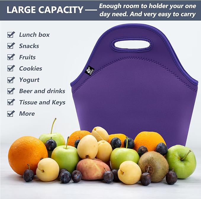 LOVAC Neoprene Lunch Bag, Thick Insulated Lunch Bag - Durable & Waterproof Lunch Tote With Zipper For Outdoor Travel Work(Purple)