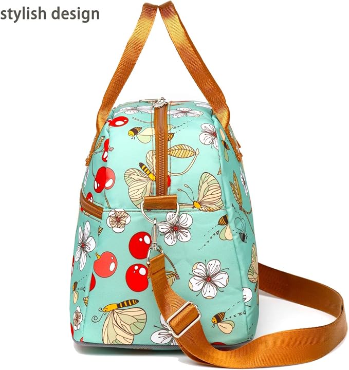 FlowFly Insulated Lunch Bag With Shoulder Strap for Women, Men, and Kids, Large and Reusable, Handle, Freezable Work and School Travel Tote and Meal Prep Organizer,Turquoise Cherry