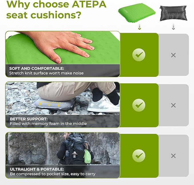 ATEPA Inflatable Stadium Seat Cushion, Self-Inflating Memory Foam Stadium Seats Camping Accessories Chair Pad for Outdoor Airplane Travel Bleacher Patio Backpacking