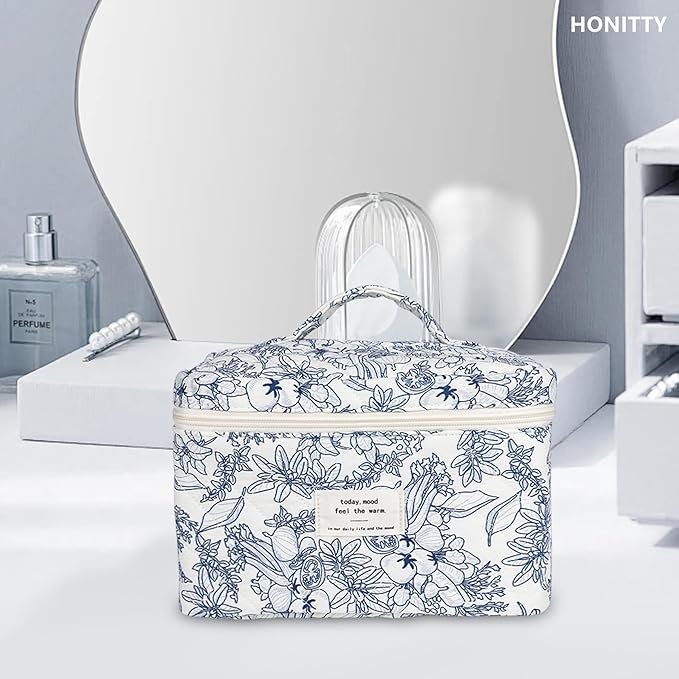 Makeup Bag,Quilted Cosmetic Bags,Large Floral Make Up Bags for Women, Makeup Organize,Flower Travel Toiletry Bag