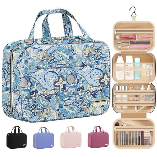 HOTOR Travel Toiletry Bag w/Hanging Hook - Spacious Toiletry Bag Essentials for Women & Men, Makeup Bag/Big Comparment, Waterproof for Travel Accessories, Medium, Blue Flower