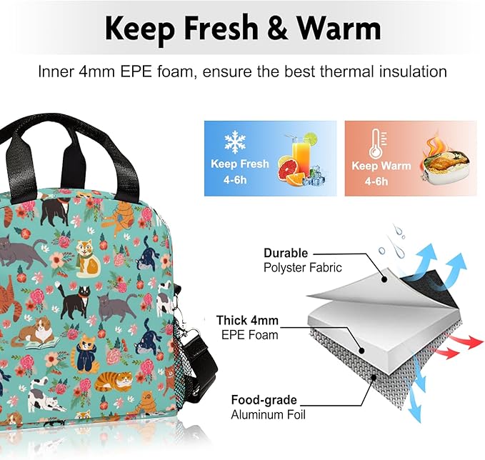 Lunch box Kids,Insulated Cat Lunch Bag Cute Small Lunch Totebag Reusable Leakproof Lunch Bag With Shoulder Strap for Girls Boys Women School Work Picnic