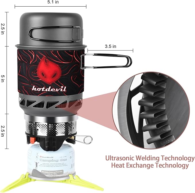 0.75+0.25L Backpacking Camping Stove Cooking System with Piezo Ignition, Outdoor Portable Burner with Pot & Metal Holder Camping Stove Kit Propane, Ideal for Hiking Fishing Hunting Emergency