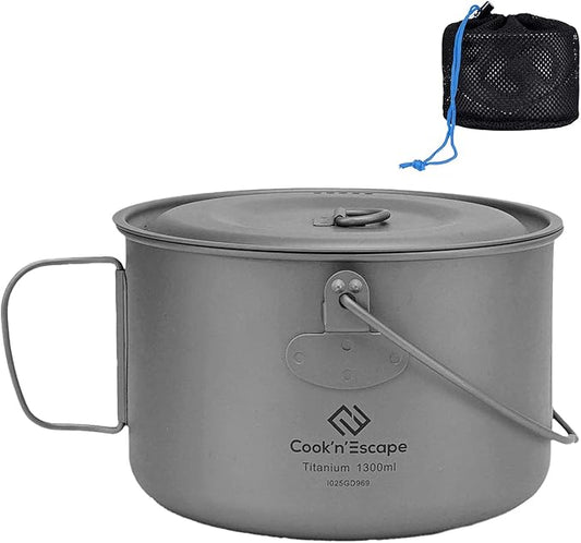 COOK'N'ESCAPE Titanium Camping Cooking Pot, Camping Cookware Set with Folding Handle,Compact Frying Pan Open Over Fire Cooking for Outdoor Backpacking Hiking Picnic