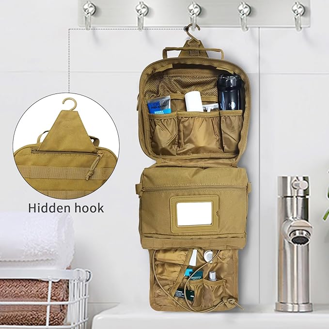 SUNRISING Tactical Toiletry Bag for Men - Hanging Travel Dopp Kit, Shaving Hygiene Organizer, Durable Bathroom Essentials for Short Trips & Camping Khaki