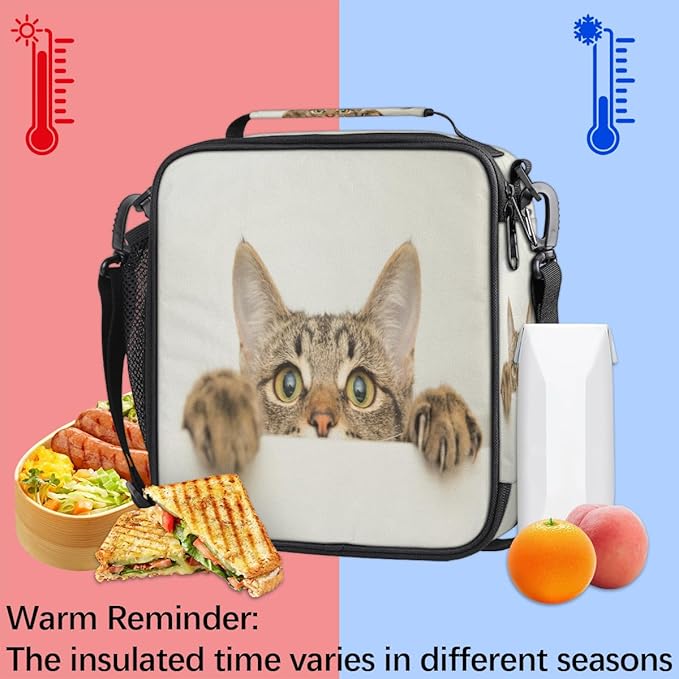 Funny Animal Cat Reusable Lunch Bag, Insulated, Spacious, Waterproof, Suitable for Boys and Girls, 10.5 x 3.5 x 9.5 inches