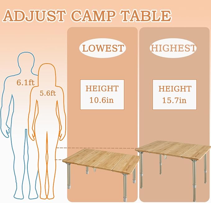 KingCamp Bamboo Folding Table Lightweight Camping Table with Adjustable Height Aluminum Legs 4-Fold Compact Small Portable Camp Tables for Travel RV Picnic Party Beach, 1-2 Person