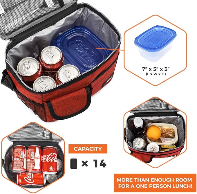 opux Insulated Lunch Bag for Men Women, Leakproof Heather Red Lunch Box for Work, Portable Soft Lunch Cooler Bag with Shoulder Strap, Adult Lunchbox Lunch Pail for Kid Boy Girl School, 14 Can/8L
