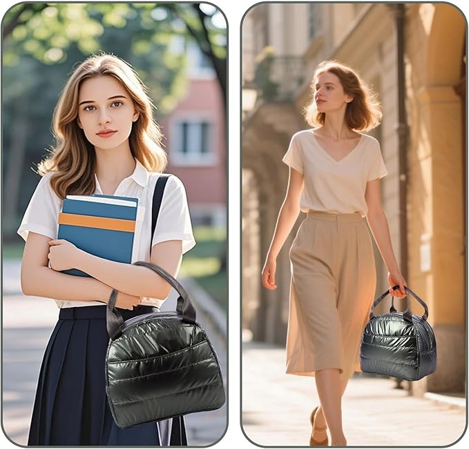 Lunch Bag Lunch Box for Women Men Adult Insulated Cute Small Quilted Puffer Lunchbox Reusable Thermal Lunch Cooler Tote Bag for Work, Picnic or Travel-Olive green