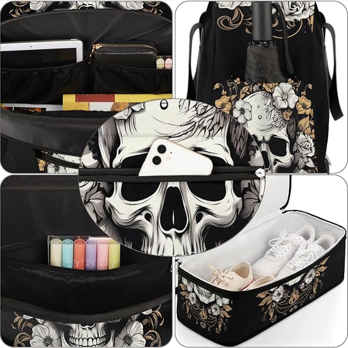 cfpolar Woman Travel Duffel Bag Vintage Flower Skull Foldable Tote Carry On Luggage Sports Gym Bag With Shoe Compartment Overnight Weekend Yoga Workout Bag Training Handbag