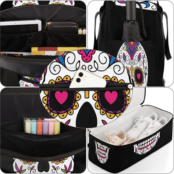 Sugar Skull Mexican Foldable Travel Duffel Bag Tote Carry On Luggage Sports Gym Bag With Shoe Compartment For Woman Man Overnight Weekend Yoga Workout Bag Training Handbag