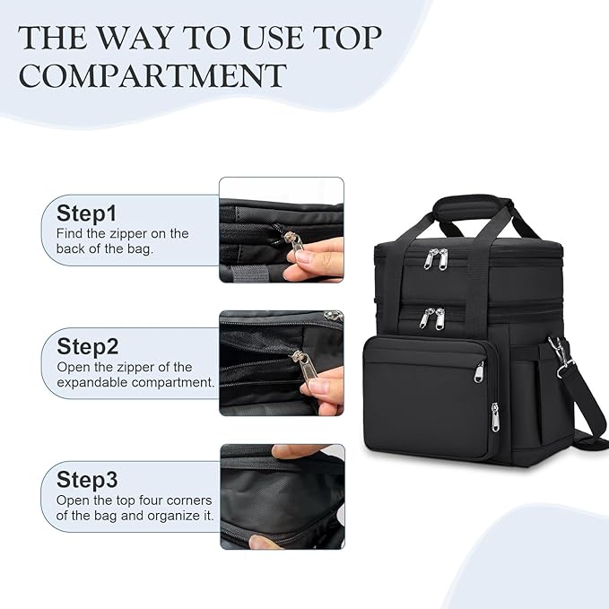 Insulated Lunch Box for Women - Reusable Modern Double Deck Lunch Bag Adults Expandable Heavy Duty Lunch Cooler Tote for Work Office Picnic,Black