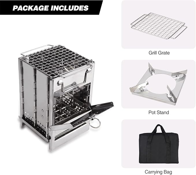 REDCAMP Wood Burning Folding Camp Stove Stainless Steel Grid and Pot Stand, Portable Collapsible Backpacking Stove Survival Rocket Stove for Hiking Outdoor Tent Camping Picnic, Samll with Pot Stand