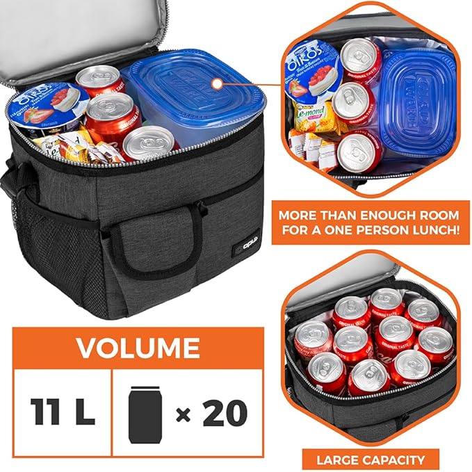 opux Insulated Lunch Bag for Men Women, Leakproof Charcoal Grey Lunch Box for Work, Portable Soft Lunch Cooler Bag with Shoulder Strap, Adult Lunchbox Lunch Pail for Kid Boy Girl School, 18 Can/10L