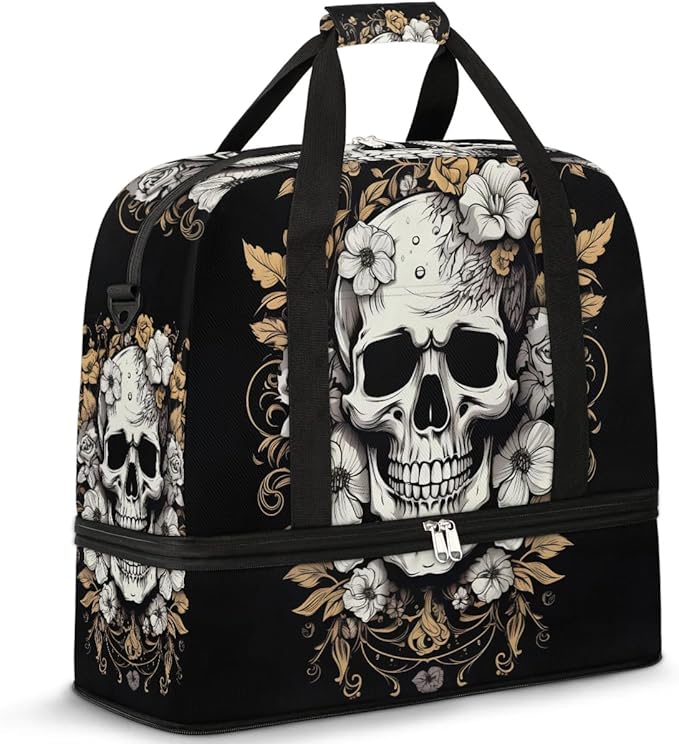 cfpolar Woman Travel Duffel Bag Vintage Flower Skull Foldable Tote Carry On Luggage Sports Gym Bag With Shoe Compartment Overnight Weekend Yoga Workout Bag Training Handbag