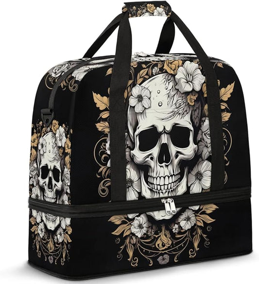 cfpolar Woman Travel Duffel Bag Vintage Flower Skull Foldable Tote Carry On Luggage Sports Gym Bag With Shoe Compartment Overnight Weekend Yoga Workout Bag Training Handbag