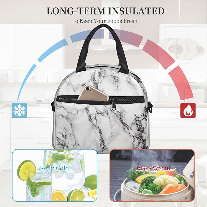 bassyil Marble Insulated Lunch Bag Reusable Lunch Box With Adjustable Shoulder Strap Cooler Tote Bag For Men Women