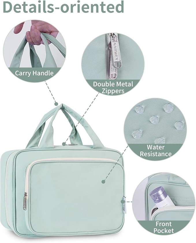 Narwey Hanging Toiletry Bag for Women Travel Makeup Bag Organizer Toiletries Bag for Travel Size Essentials Accessories Cosmetics (Mint Green (Medium))
