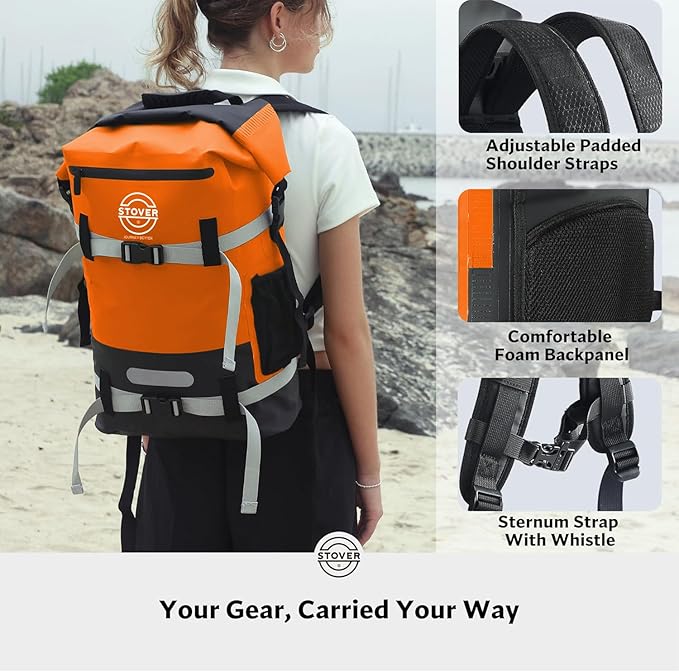 STOVER 5/10/25/30/40/55L Waterproof Dry Backpack & Phone Case- Large Floating Dry Bag for Kayaking, Travel, Hiking, Fishing, Camping, Motorcycles & Beach, Heavy-Duty Roll Top Men/Women (Orange)
