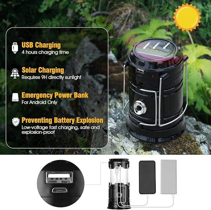 Solar Camping Lantern for Power Outages - USB Rechargeable Lamp Camping Essentials，Collapsible Waterproof Solar Lights for Indoor Outdoor Emergency Light/2 Packs