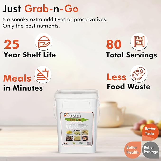 Numanna Grab-n-Go Buckets 240 Servings Freeze-Dried Premade Meals | 25+ Year Shelf Life | Non-Perishable, Ready-to-Eat Breakfast & Dinner Everyday Meals | Emergency Food Kit | Made in USA Pack of 3