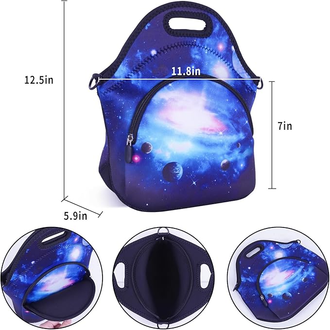 Violet Mist Womens Neoprene Insulated Galaxy Space lunch Bag Lunch Tote Bag Thermal Lunch Box with Extra Pocket Detachable Adjustable Shoulder Lunchbox Food Handbags Gift for Women Men Blue Star Sky