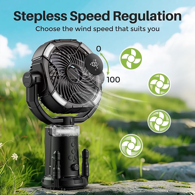 Portable Camping Fan, 20000mAh Rechargeable Fan with Lights, Battery Powered, with Remote &Hook, Height Adjustable, 360° Oscillation, for Outdoor, Tent, Travel, Fishing