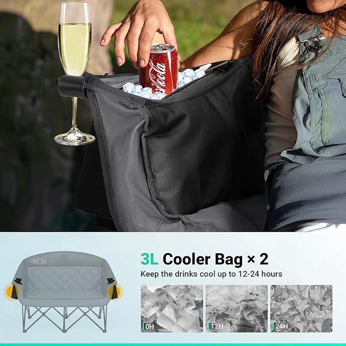 Overmont Oversized Double Camping Chair - 2 Person Comfort Couch Chair Loveseat for Adults - Heavy Duty Lawn Chairs with Cooling Bag&Wine Racks - Support 850LBS Black