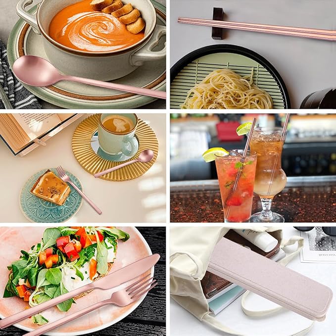 AARainbow 8 Pieces Stainless Steel Flatware Set Portable Reusable Cutlery Set Travel Utensils Set Including Chopsticks Knife Fork Spoon Straws Cleaning Brush Dishwasher Safe (B-Rose Golden)
