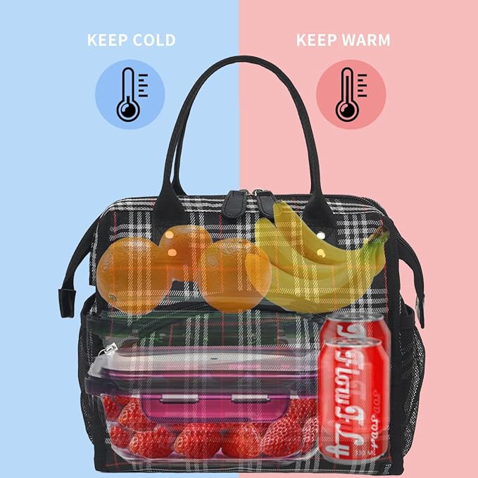 FlowFly Insulated Lunch Bag for Women, Men, Large and Reusable, Handle, Work and Travel Tote and Meal Prep Organizer, Black and white checkerboard