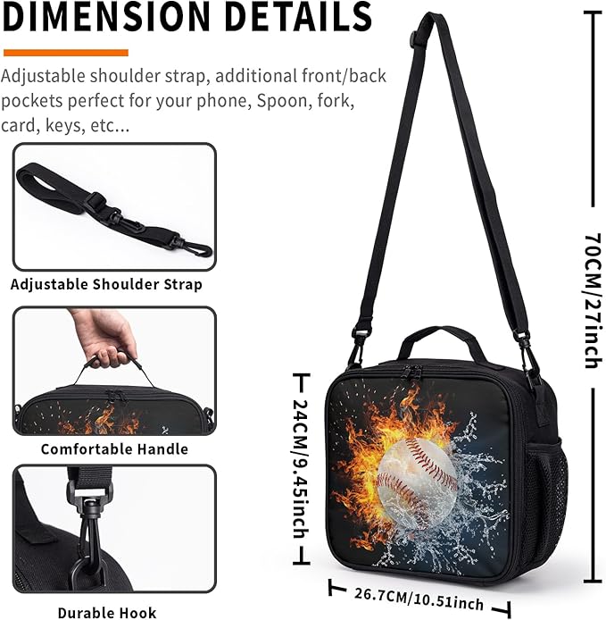 Fire Ice Baseball Pattern Lunch Bag Fire Sport Baseball Lunch Boxes for Women/Man Office Work Travel School Work Picnic Durable Reusable Insulated Large Lunch Tote Bag with Adjustable Shoulder Strap