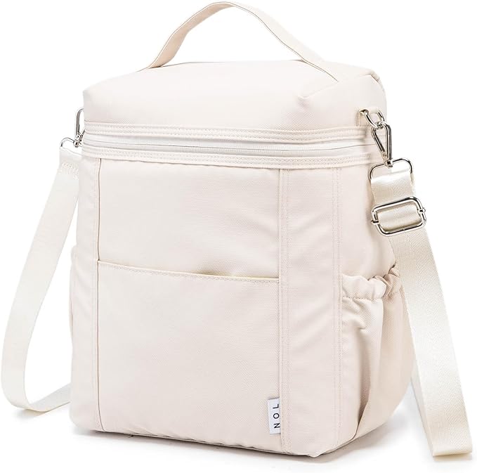 NOL Natural Organic Lifestyle Insulated Lunch Bags for Women Cooler Bag Lightweight Nylon Waterproof Lunch Box For Work (Cream, Large)
