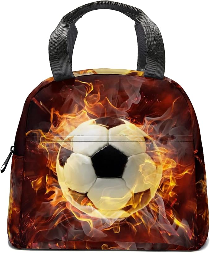 Giwawa Soccer Lunch Bag for Kids, Fire Sport Ball Insulated Reusable Lunch Box, 3D Football Print Thermal Cooler Lunch Tote Bag for Boys Girls School Men Women Office Picnic