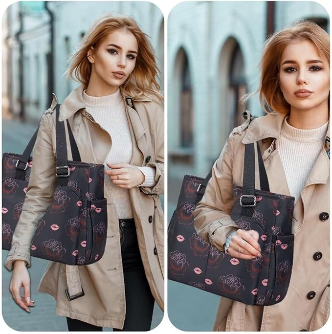 Large Women Lunch Bags for Work/Insulated Adult Lunch Box for Women/Leakproof Cooler Lunch Tote Bag with Storage Pocket. Reusable Lunch Cooler Purse for Work Picnic Hiking 14L,Black Rose