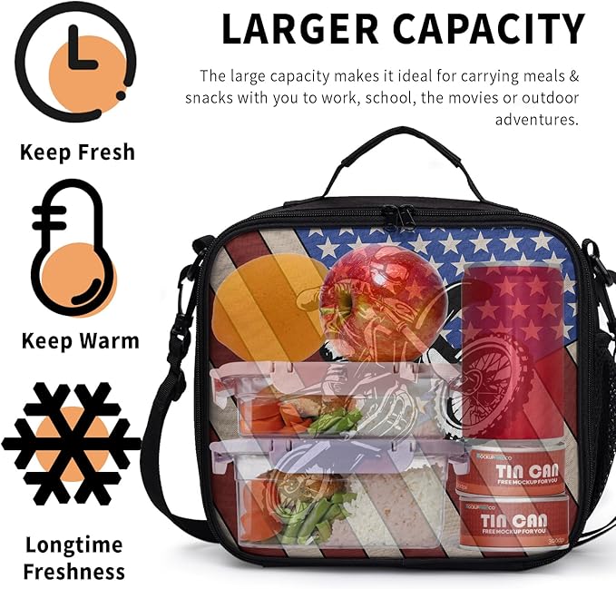 Sport Baseball Pattern Lunch Bag American Flag Baseball Lunch Boxes for Women/Man Office Work Travel School Work Picnic Durable Reusable Insulated Large Lunch Tote Bag with Adjustable Shoulder Strap