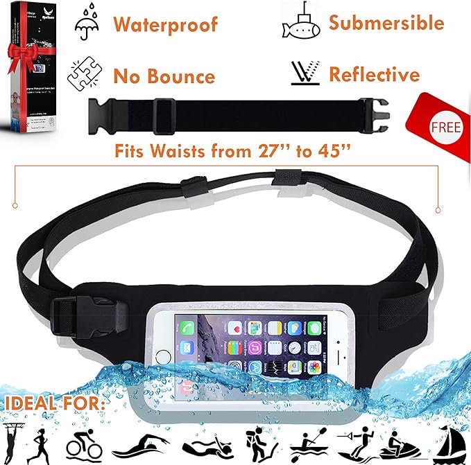 Ultimate Black Waterproof Running & Swimming Belt - Essentials Holder for Gym, Beach, Kayaking, Ski - Fits iPhone, Samsung - Touchscreen IPX8 Dry Waist Bag Pouch - Adventure-Ready Performance