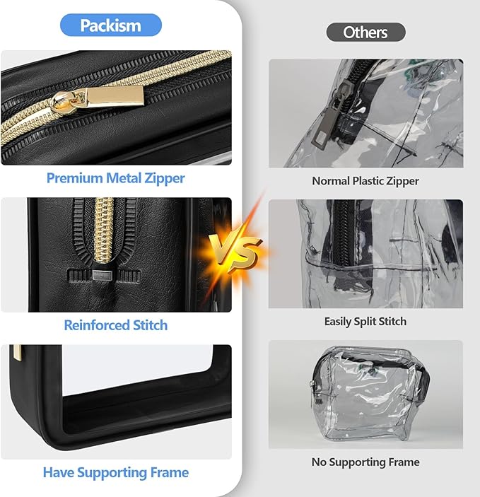 PACKISM TSA Approved Toiletry Bag - 2 Pack Upgrade Color-Edged Clear Makeup Bag, Clear Toiletry Bag For Traveling Fits Various Storage Needs, Black (2 Sizes)