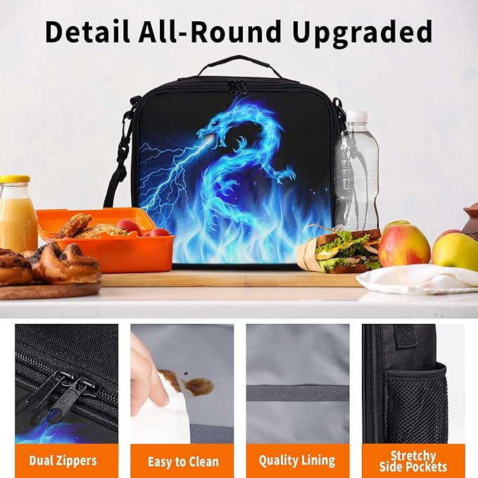 Blue Lightning Pattern Lunch Bag Blue Fire Dragon Lunch Boxes for Women/Man Office Work Travel, School, Work, Picnic, Durable Reusable Insulated Large Lunch Tote Bag with Adjustable Shoulder Strap