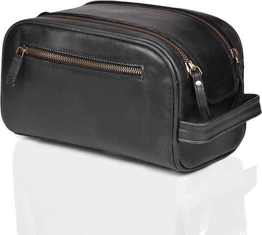 LEATHER VILLAGE Premium Leather Toiletry Travel Pouch With Waterproof Lining - Black | King-Size Handcrafted Vintage Dopp Kit Bag