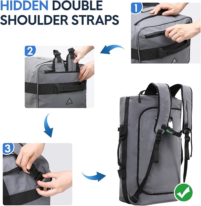 Haimont Gym Duffel Backpack Bag for Men Large Sports Duffle Bags with Backpack Straps for Hiking Travel Weekender Workout, Water Resistant, Gray, 60L