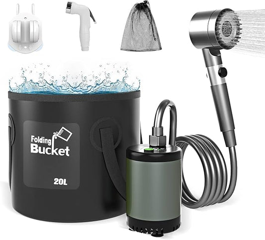 Portable Camping Outdoor Shower Kit with 20L Collapsible Bucket 10000mAH Rechargeable Electric Intelligent Digital Display Shower Pump for Outside Hiking Dog Bath Beach Traveling (Grey)