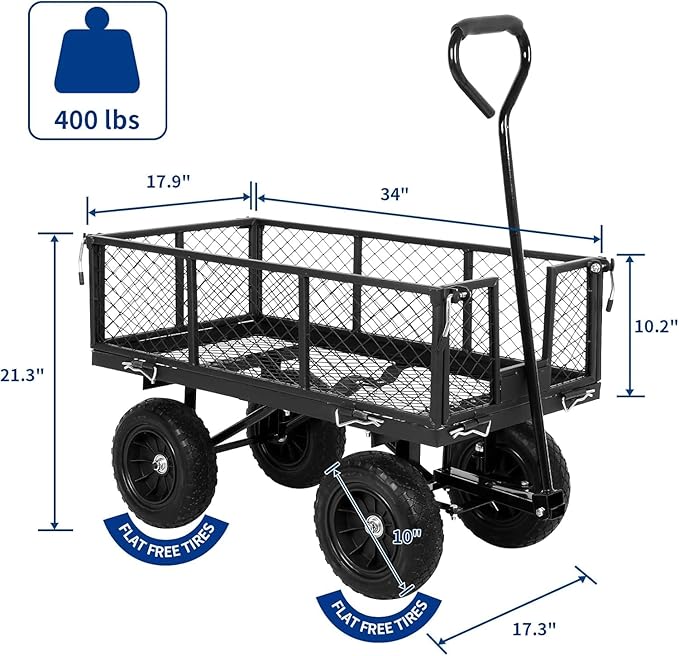 BILT HARD 10" Flat Free Tires Heavy Duty Garden Cart with 180° Rotating Handle and Removable Sides, 4 Cu.Ft 400 lbs Capacity Utility Steel Wagons for Outdoor