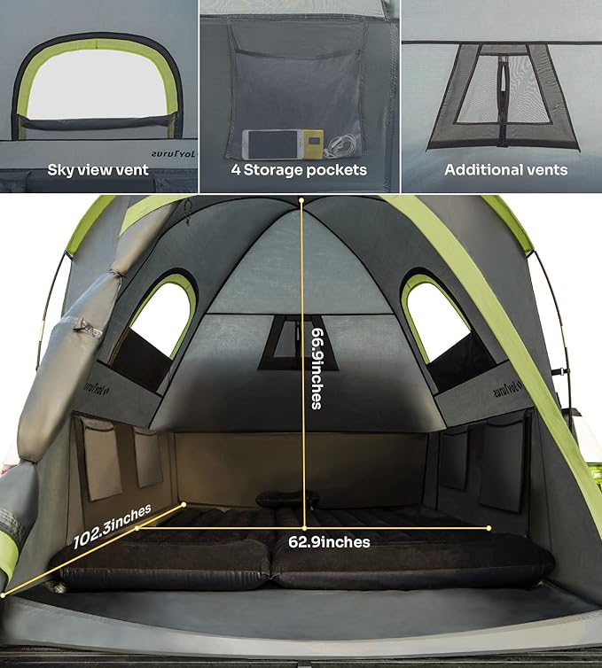 JOYTUTUS Pickup Truck Tent 6.5ft 2.0, Waterproof PU2000mm Double Layer for 2 Person, Portable Truck Bed Tent with Rainfly - Green